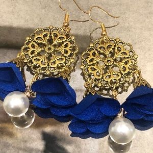 Blue Flowered Pearl Gold Round Dangly Earrings